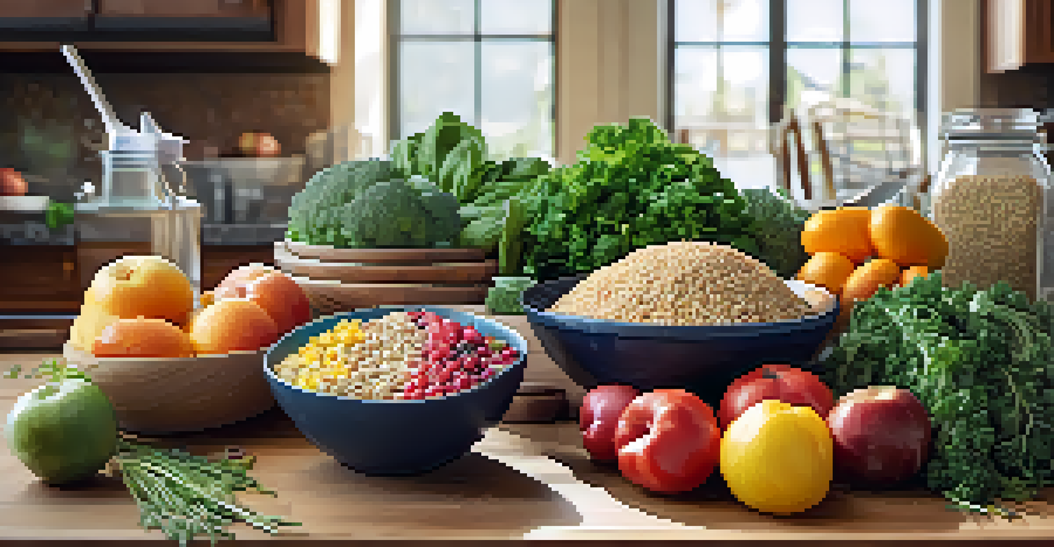 A colorful meal prep setup highlighting healthy foods including lean proteins, whole grains, and fresh vegetables on a wooden table.