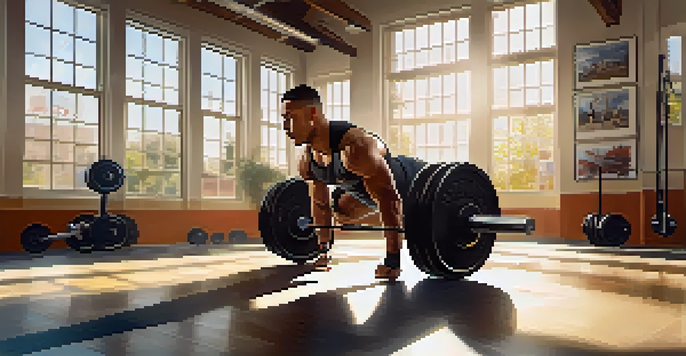 A powerlifter performing leg swings in a well-lit gym, showcasing their form with gym equipment in the background.