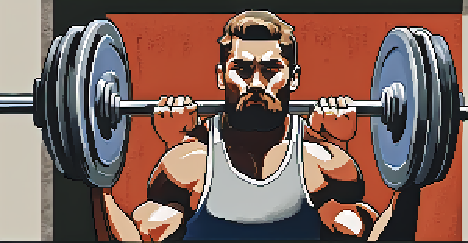 A close-up of a powerlifting barbell being gripped by a chalk-covered hand, emphasizing the texture and focus of the lifter.