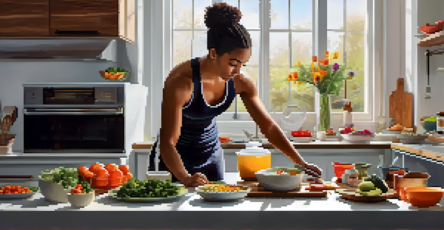 A powerlifter preparing a healthy meal in a modern kitchen with colorful ingredients.