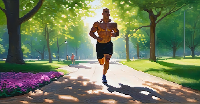 A muscular powerlifter jogging in a park, surrounded by green trees and flowers, focused on their active recovery routine.