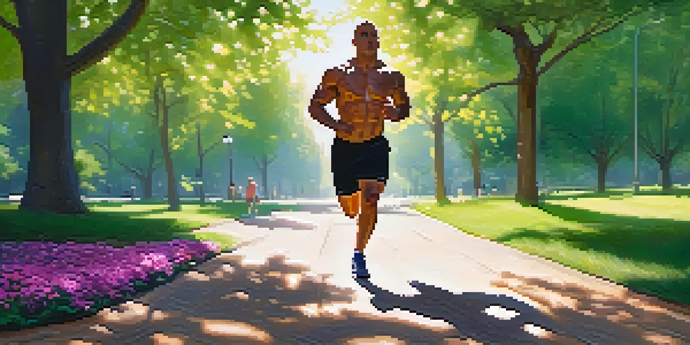 A muscular powerlifter jogging in a park, surrounded by green trees and flowers, focused on their active recovery routine.