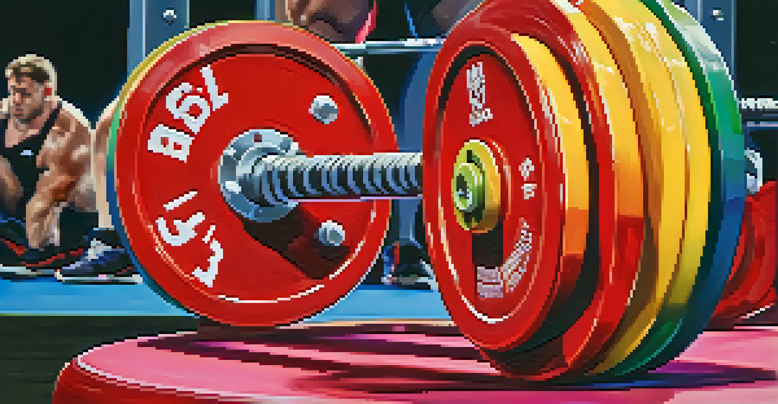 Close-up of a loaded powerlifting barbell on a platform, showcasing the weights and knurling, with a blurred crowd in the background.