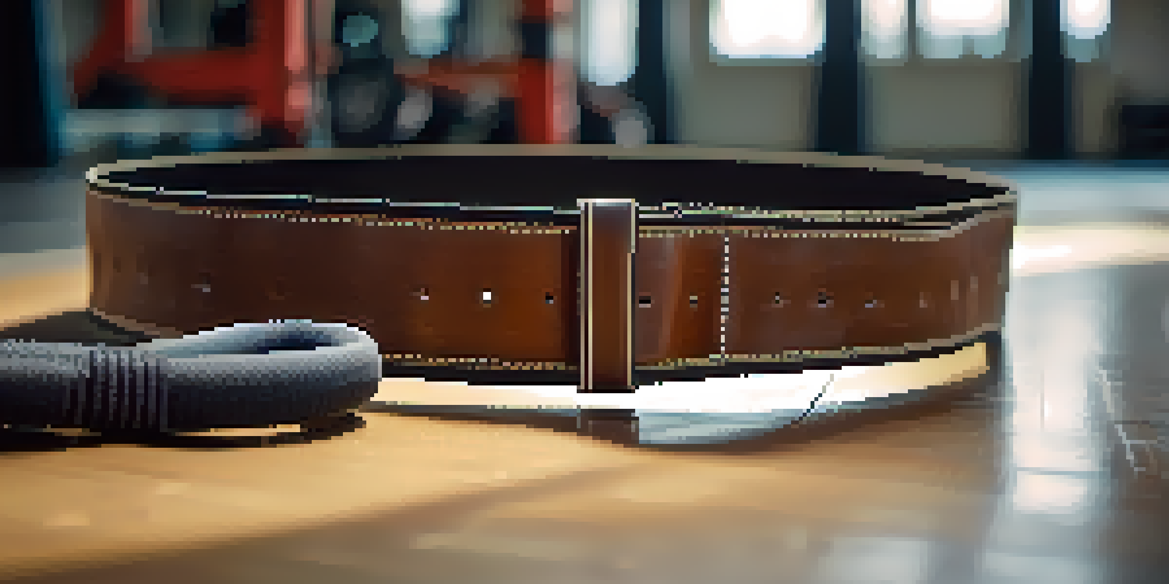 A close-up of a textured powerlifting belt on a gym floor with blurred weightlifting equipment in the background.