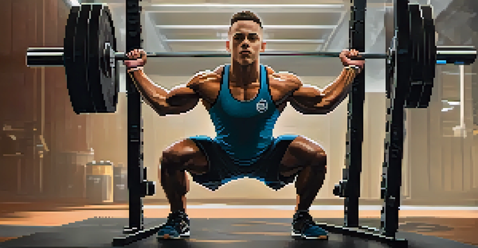 A focused powerlifter executing a slow squat in a bright gym, highlighting the importance of eccentric training.