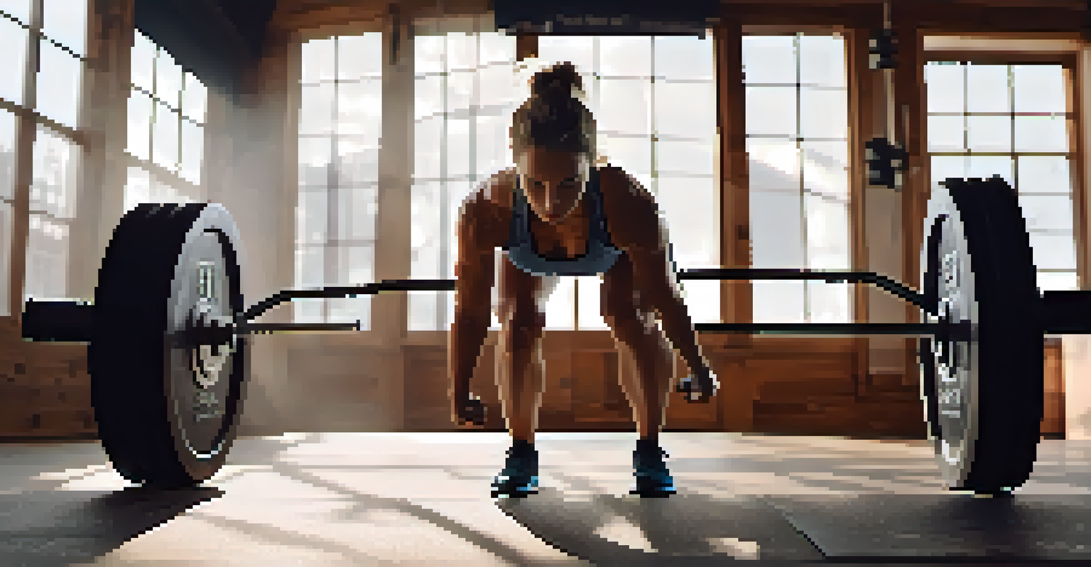 A young woman lifting a barbell in a home gym with wooden floors and rustic decor, focused on her form.