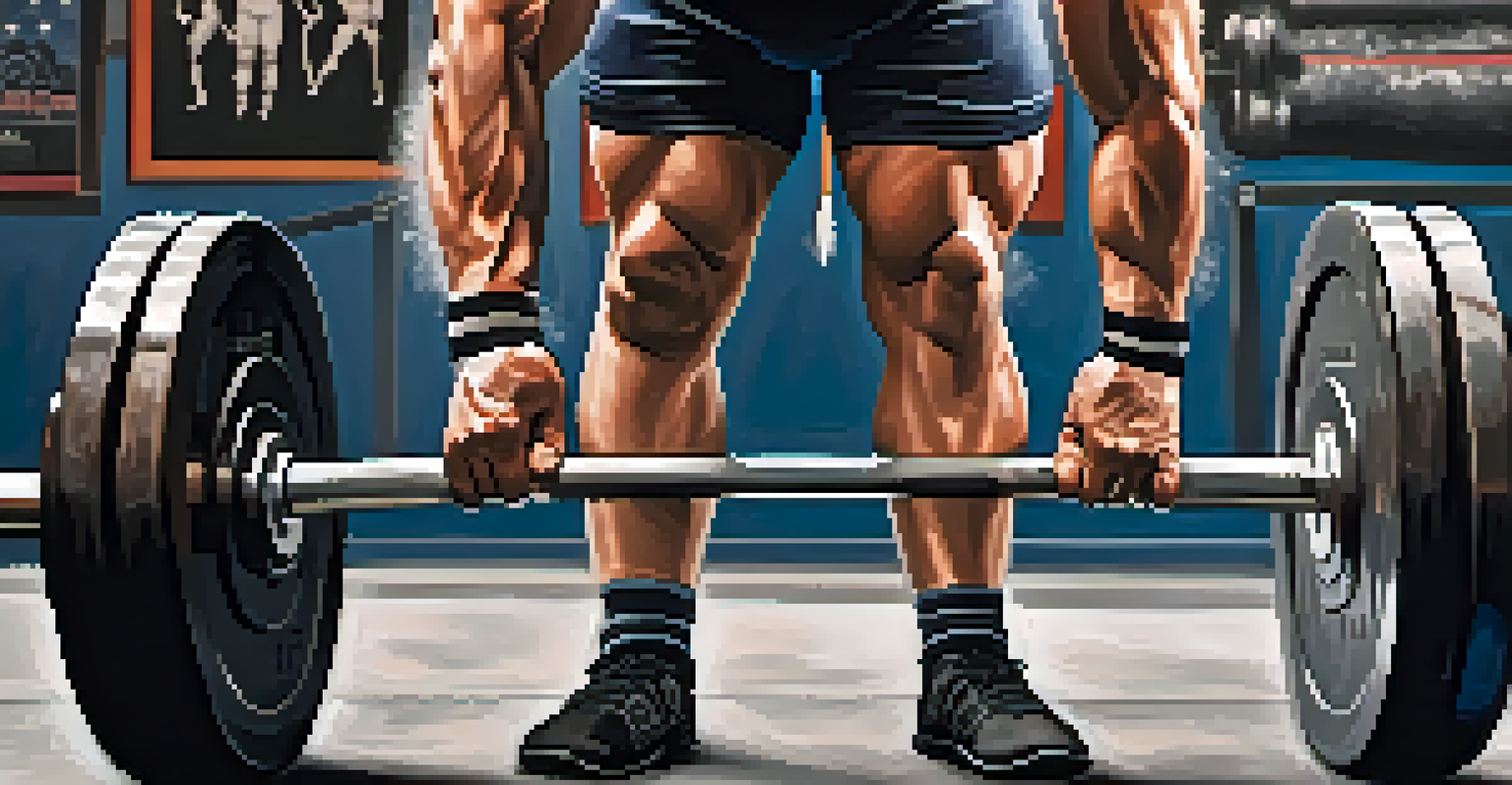 A close-up view of a lifter's hands gripping a barbell for a sumo deadlift, with gym equipment in the background.