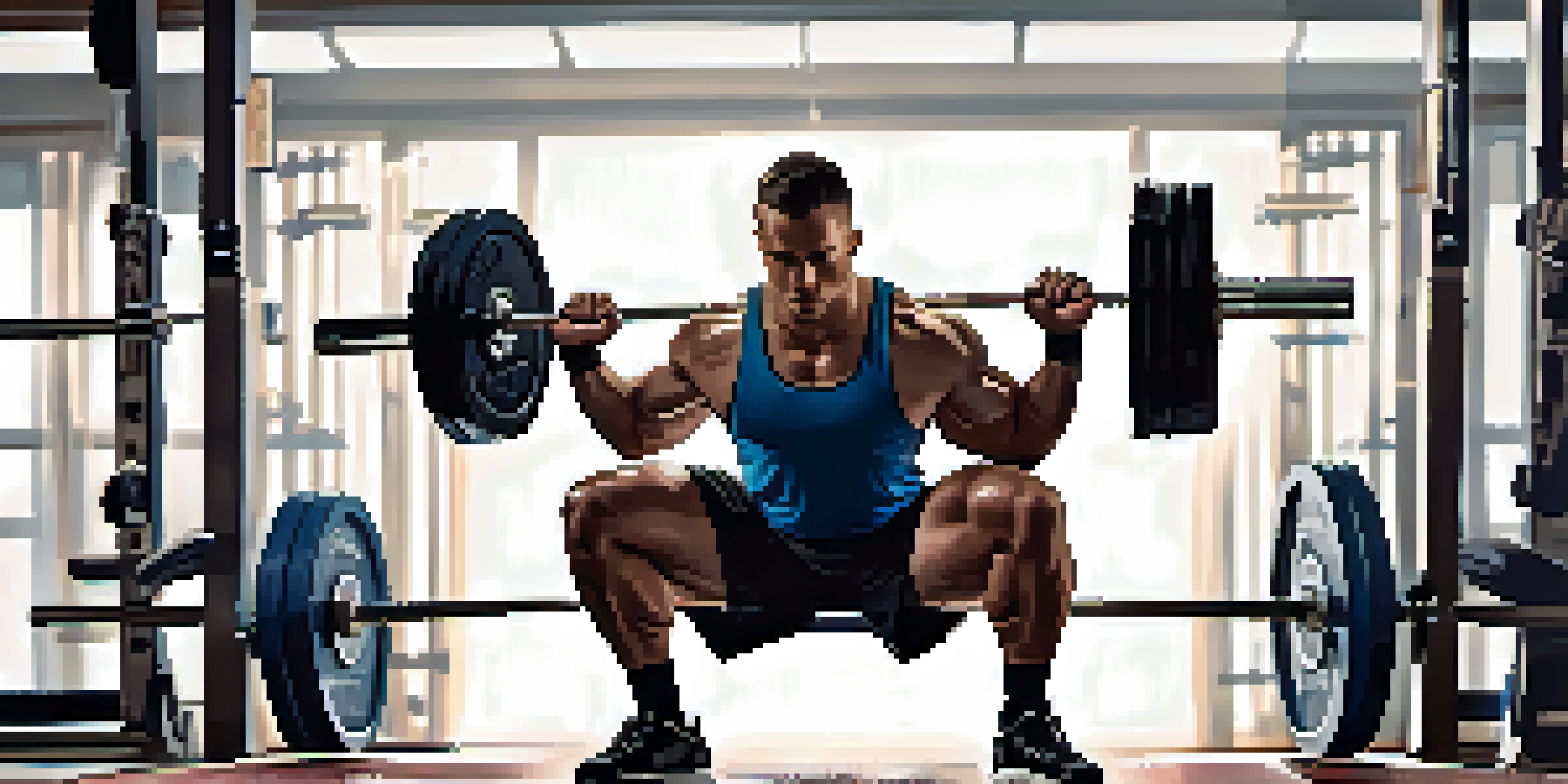 A powerlifter squatting with a heavy barbell in a well-equipped gym, surrounded by weights and mirrors, illuminated with warm lighting.