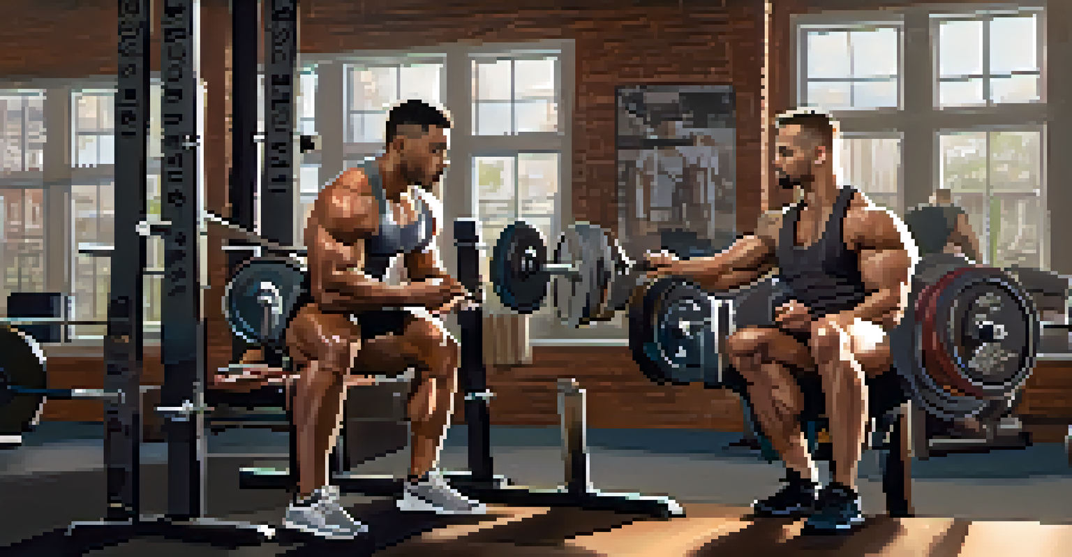 Two friends seated in a gym discussing their powerlifting goals with a notebook, highlighting teamwork and planning.