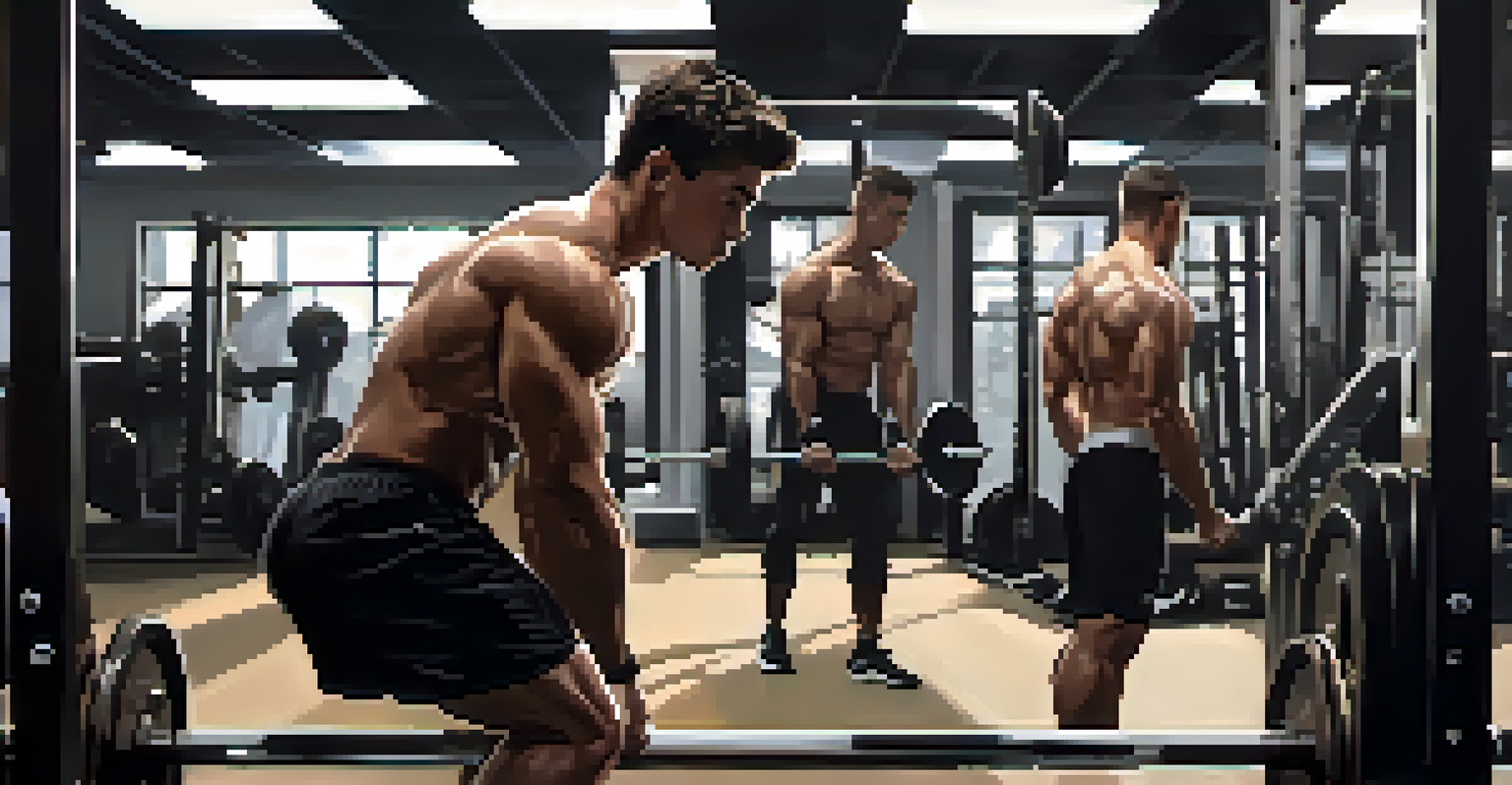An athlete in a gym, visualizing their lifts in front of a mirror, with weights in the background and motivational posters.