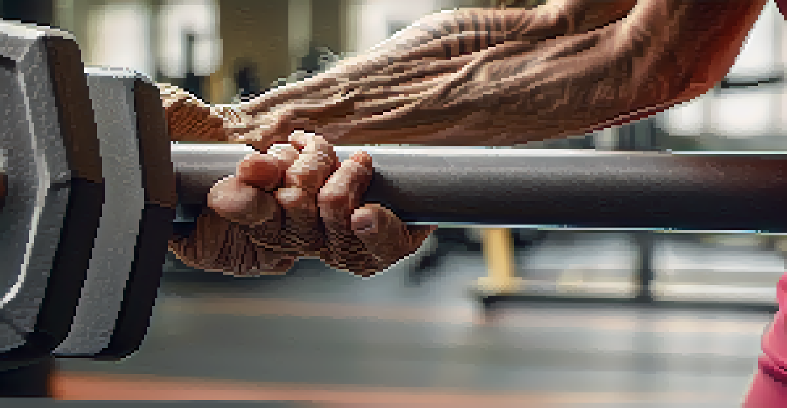 Close-up of an older woman's hands gripping a barbell, highlighting her strength and determination in a gym setting.
