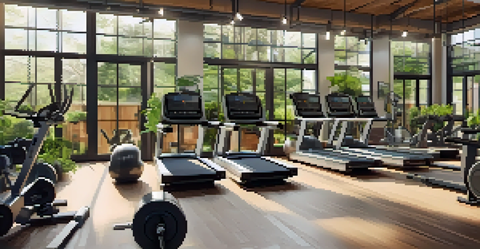 A bright gym interior with large windows, eco-friendly equipment, and numerous plants, creating a sustainable fitness space.