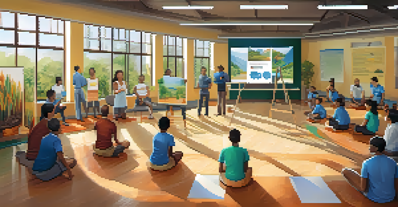 An indoor workshop at a gym where participants discuss sustainable practices, with educational materials and an engaging environment.