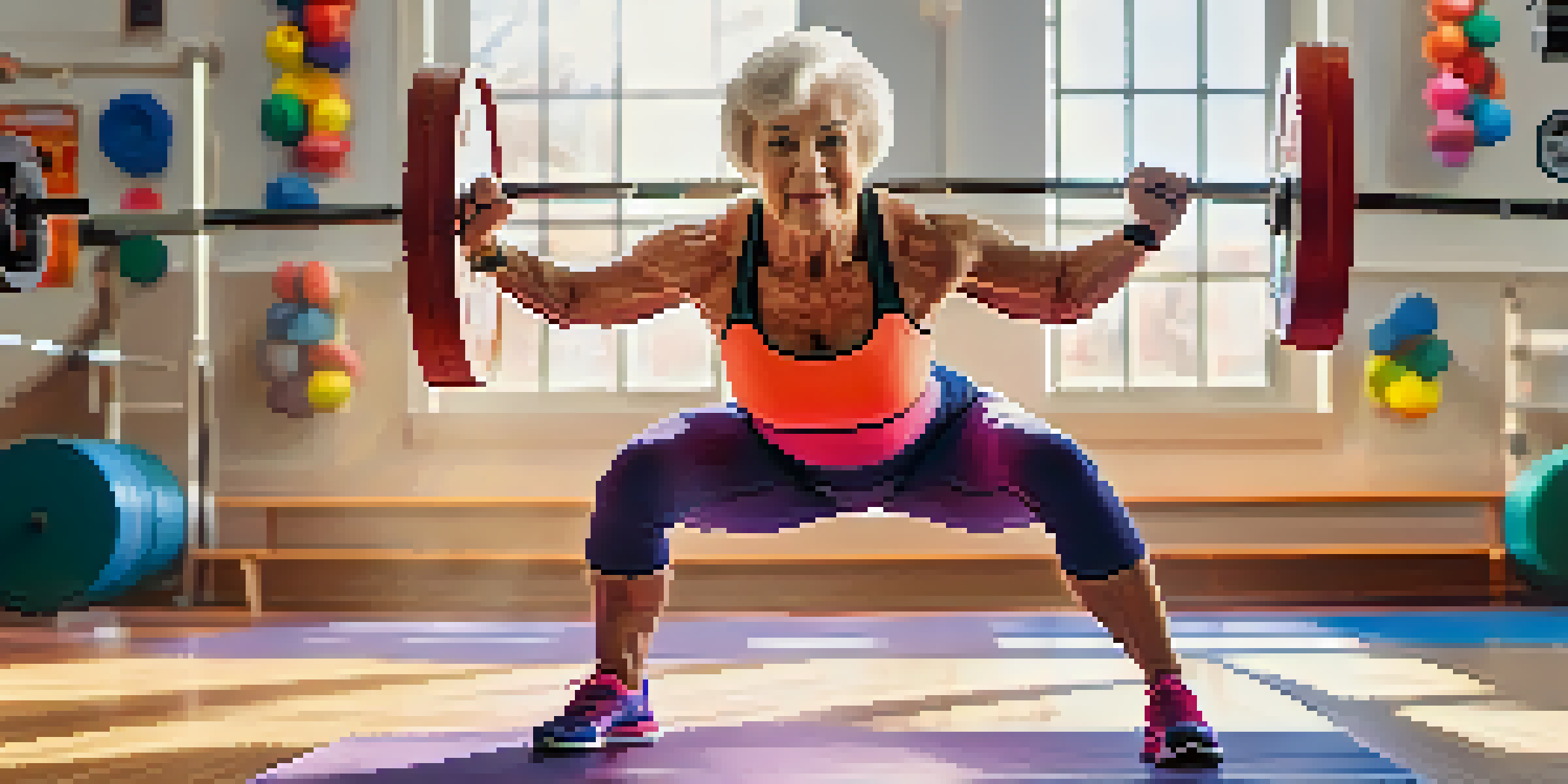 A senior woman performing a squat in a vibrant gym, showcasing proper lifting technique with sunlight illuminating the space.