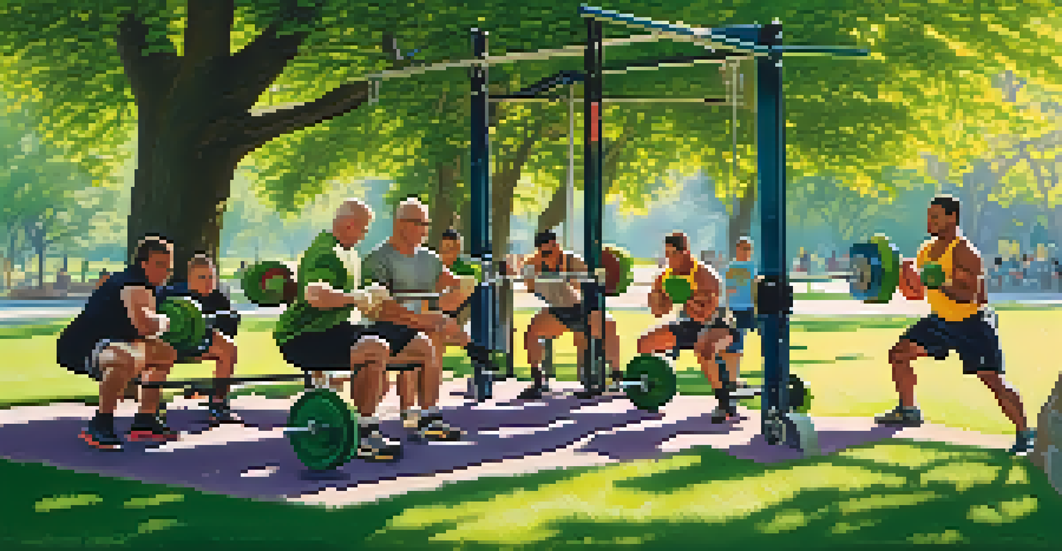 Group of people practicing powerlifting in a park, surrounded by greenery and flowers.