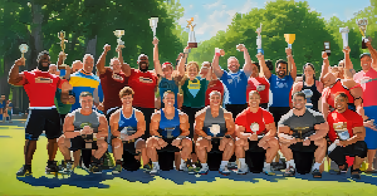 A diverse group of powerlifters celebrating their achievements outdoors, depicting joy and community.