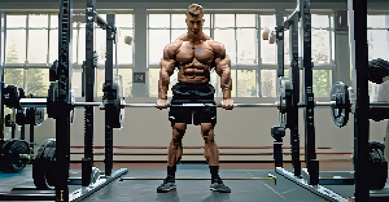 A powerlifting coach demonstrating deadlift techniques with diagrams in the background.