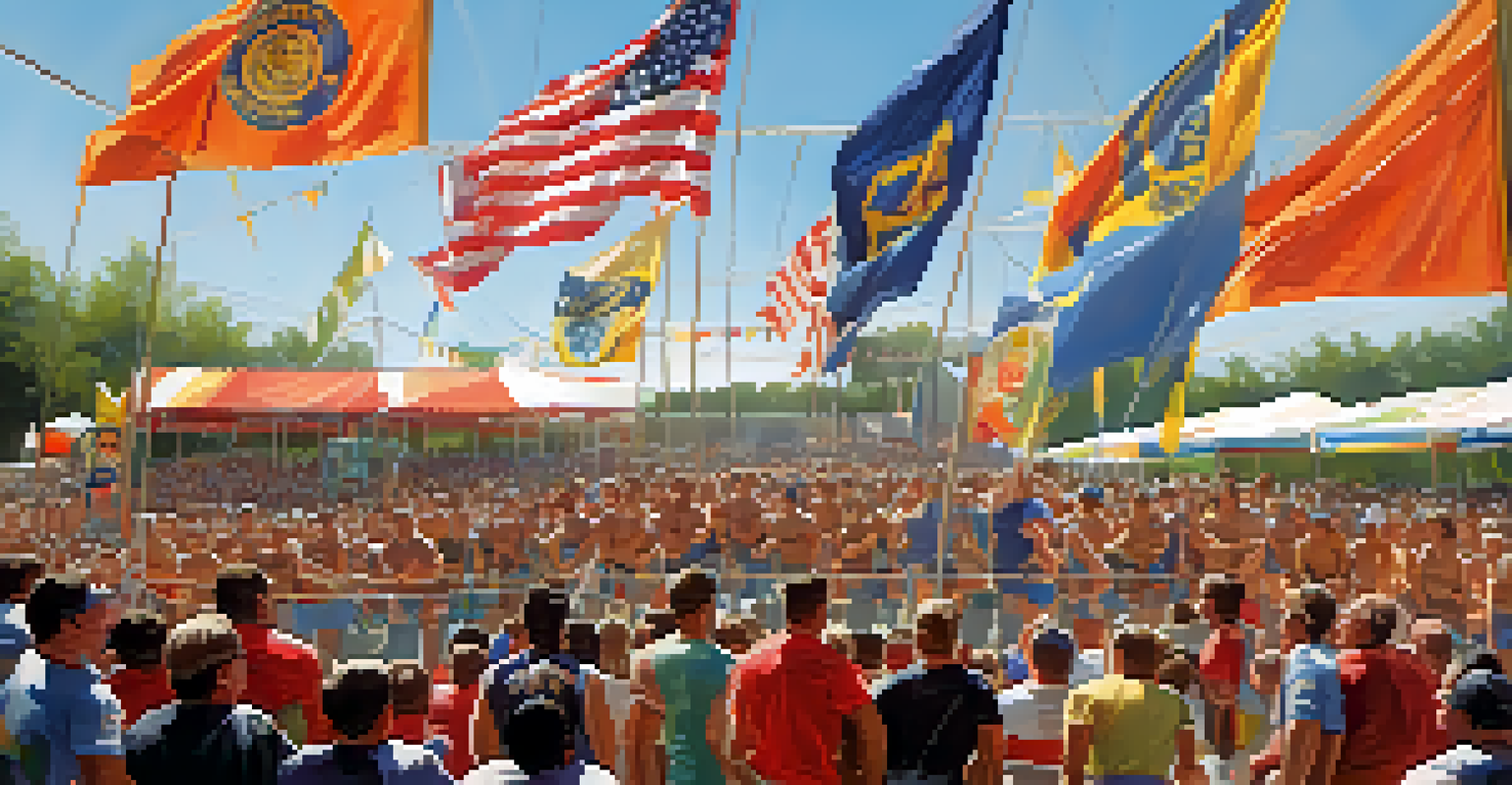 An outdoor powerlifting competition with athletes lifting weights and a cheering crowd, colorful banners around, and bright sunlight creating an energetic atmosphere.