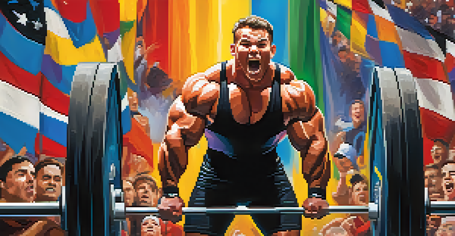 A male powerlifter on stage preparing to lift a barbell in front of a cheering audience at a competition.