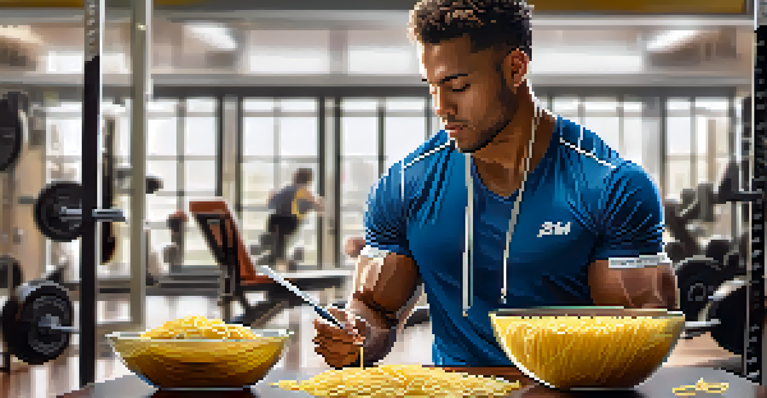 An athlete preparing a portion of pasta after a workout in a busy gym.