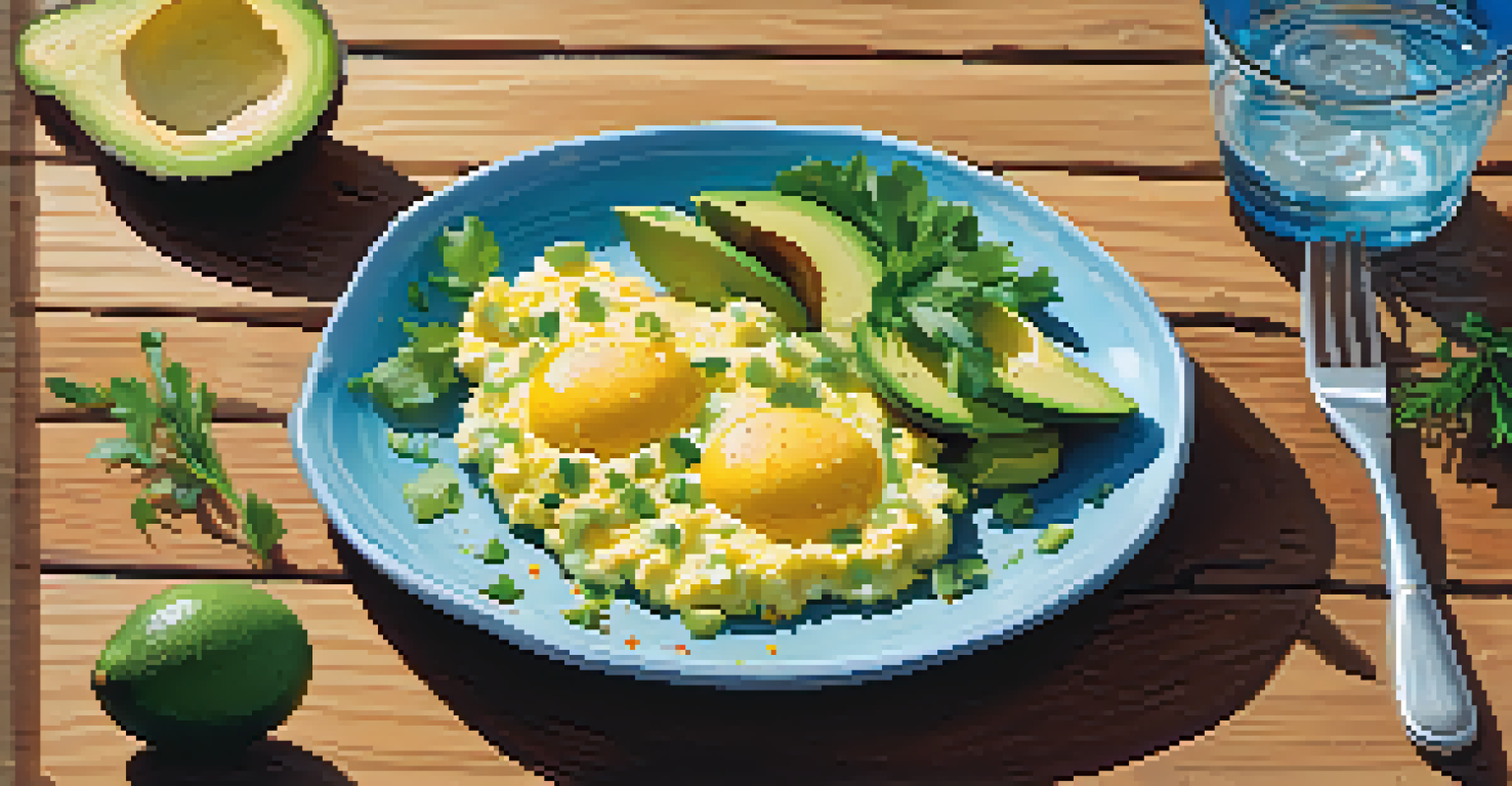 A close-up of a healthy breakfast plate with scrambled eggs and avocado, accompanied by a glass of water, on a rustic wooden table with soft morning light.