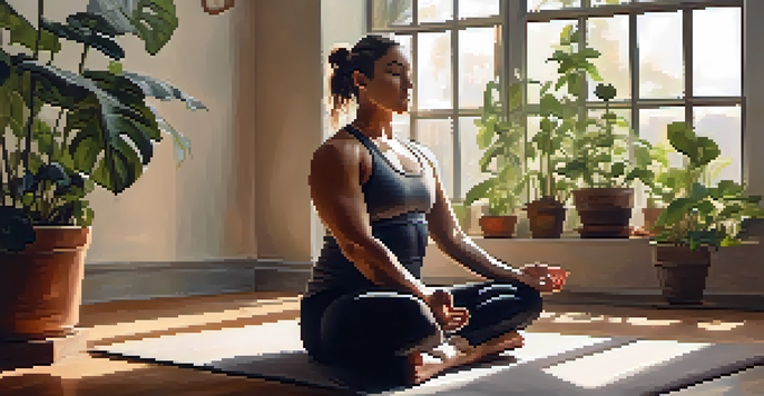 A powerlifter meditating on a yoga mat in a peaceful indoor setting, with plants and soft natural light.