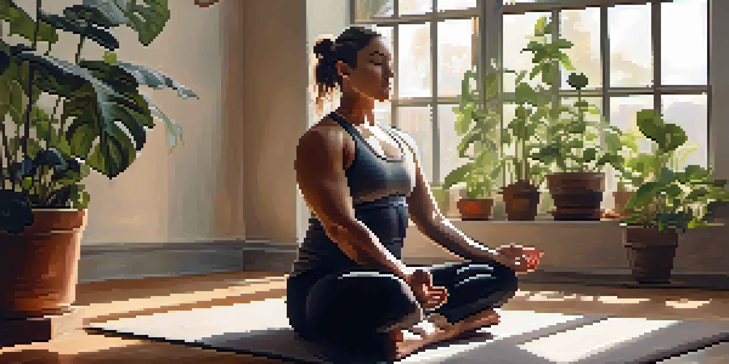 A powerlifter meditating on a yoga mat in a peaceful indoor setting, with plants and soft natural light.