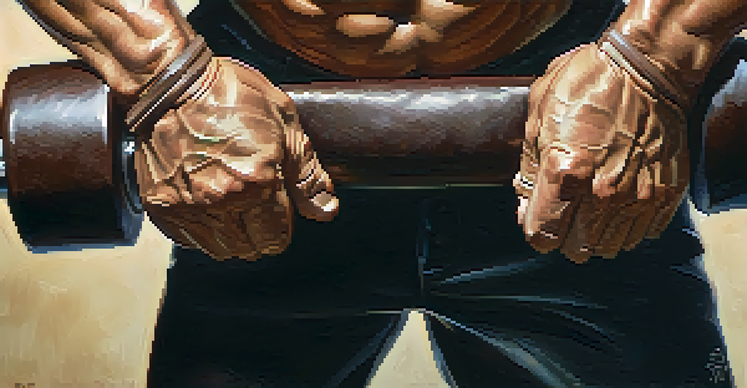 A senior man's hands holding a weightlifting belt, showing determination and focus before lifting.