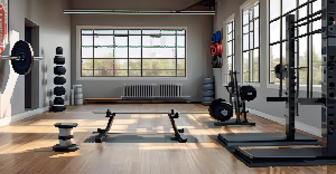 A powerlifting gym area with a barbell, weights, and motivational posters, illuminated by natural light.