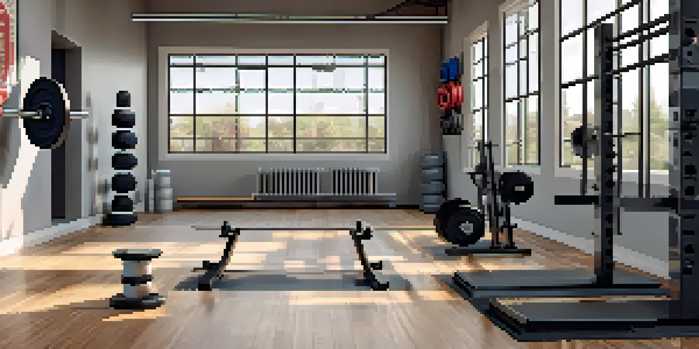 A powerlifting gym area with a barbell, weights, and motivational posters, illuminated by natural light.