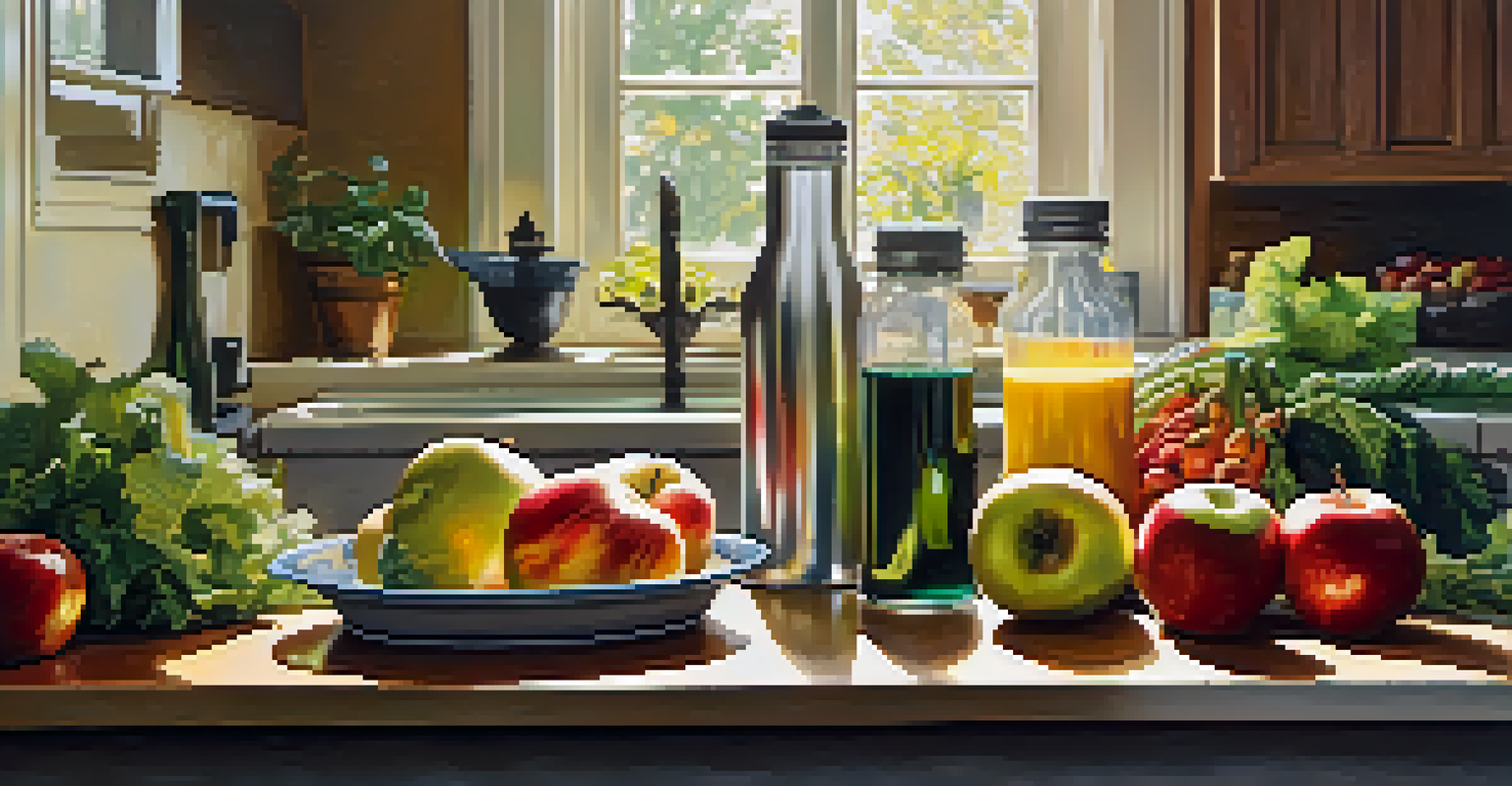 A kitchen countertop with a supplement bottle beside fresh fruits and vegetables, illuminated by sunlight.