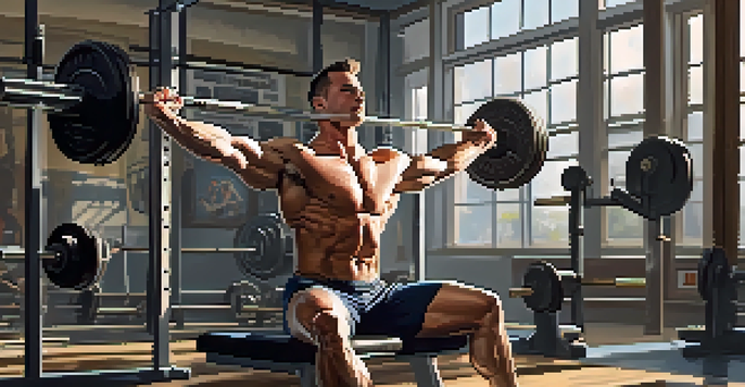 A powerlifter engaged in dynamic stretching exercises, including leg swings and arm circles, in a bright gym filled with weightlifting equipment.