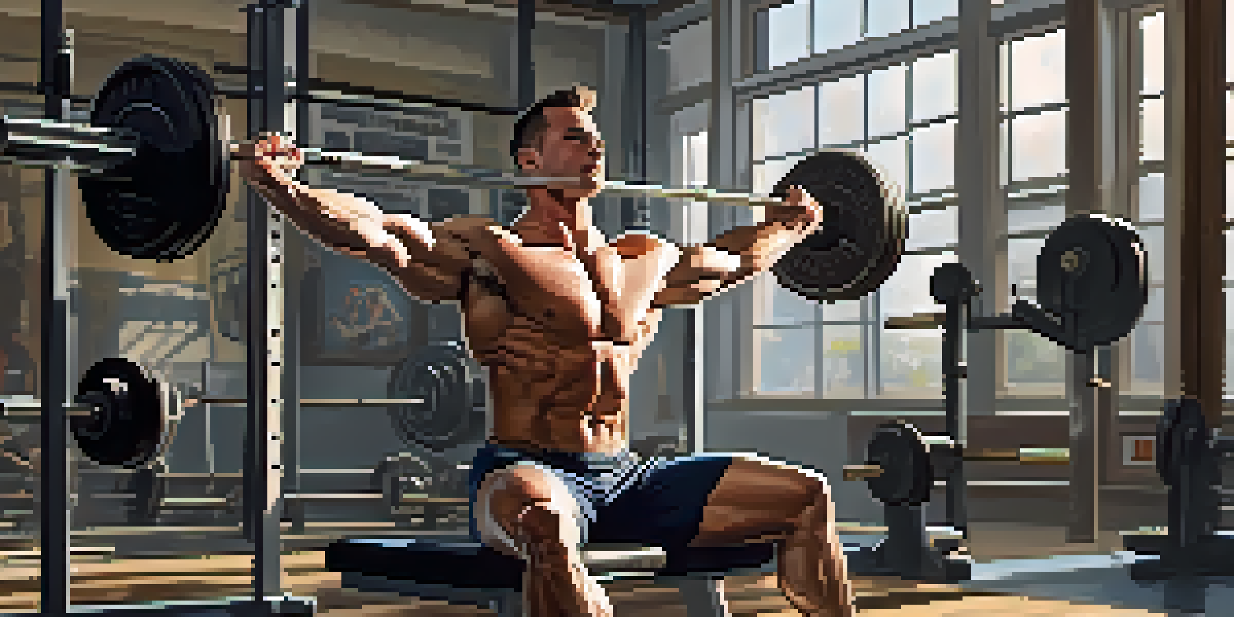 A powerlifter engaged in dynamic stretching exercises, including leg swings and arm circles, in a bright gym filled with weightlifting equipment.