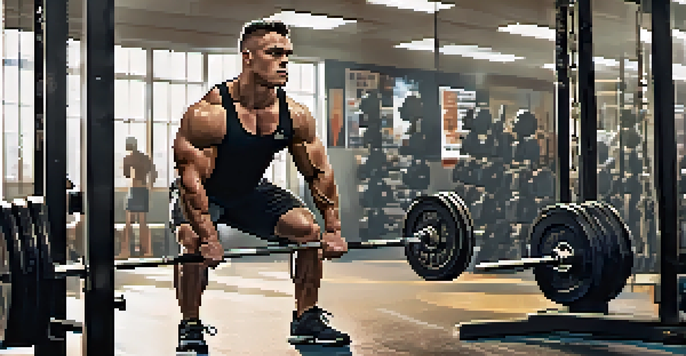 A focused powerlifter performing a squat with a heavy barbell in a bright gym, surrounded by fitness equipment and motivational posters.
