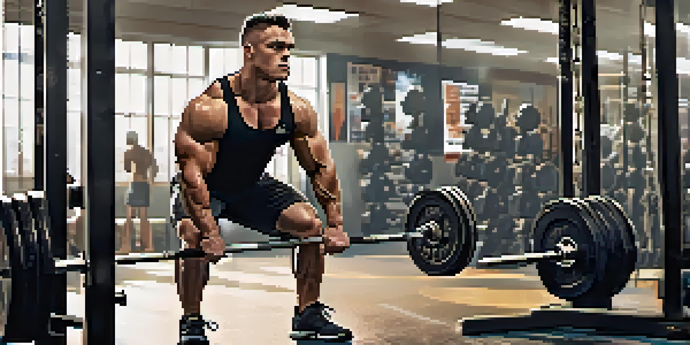 A focused powerlifter performing a squat with a heavy barbell in a bright gym, surrounded by fitness equipment and motivational posters.
