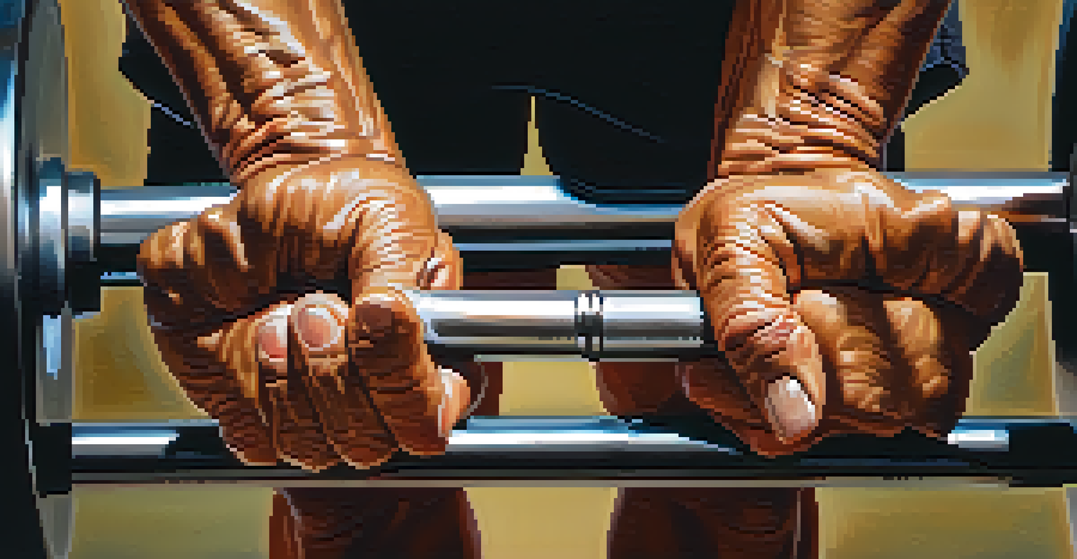 Close-up of an older adult's hands gripping a barbell, showing focus and determination in a warm-lit gym.