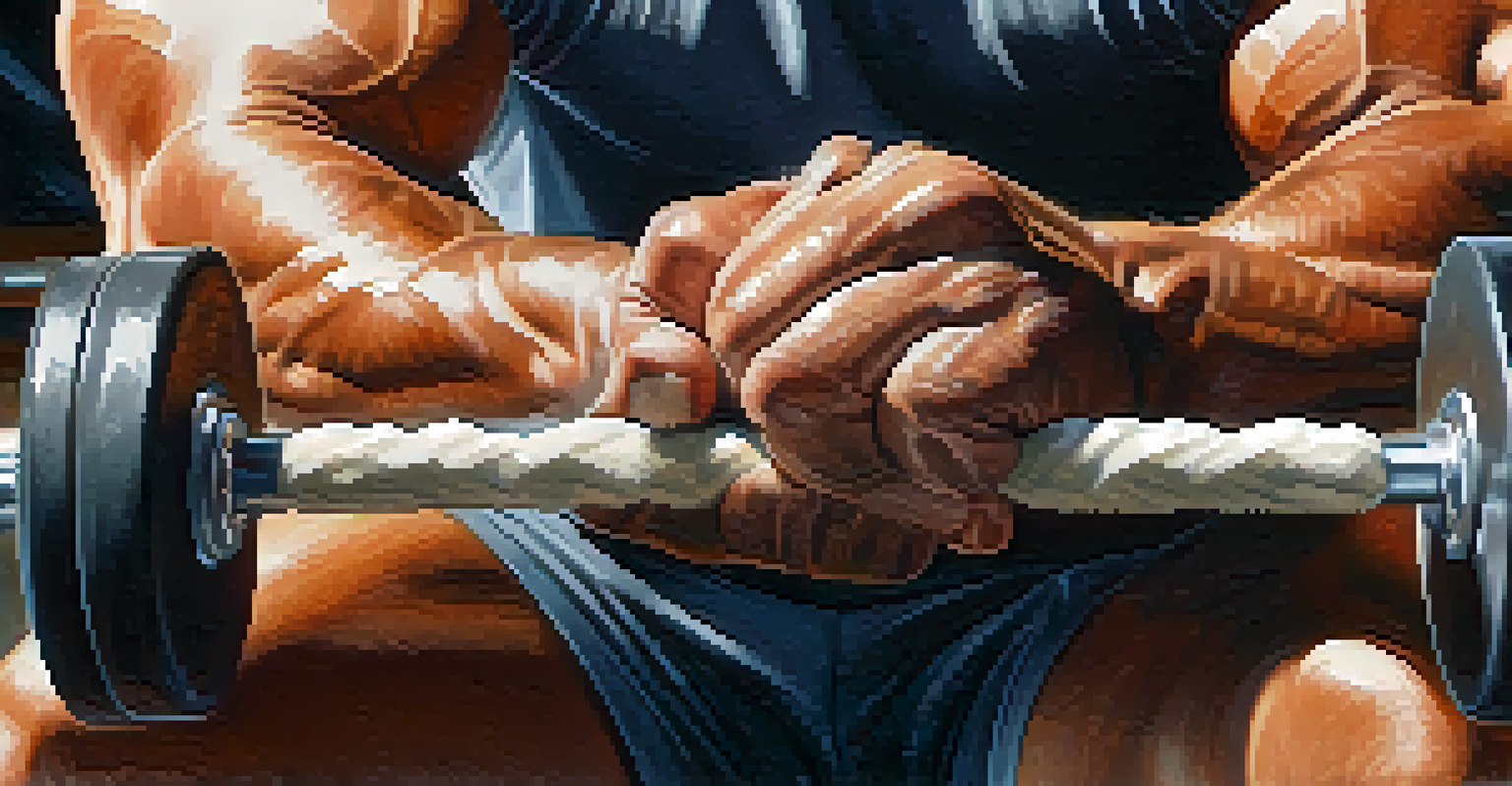 Close-up of chalk-covered hands gripping a barbell, with a blurred background showing a determined powerlifter preparing for a lift.