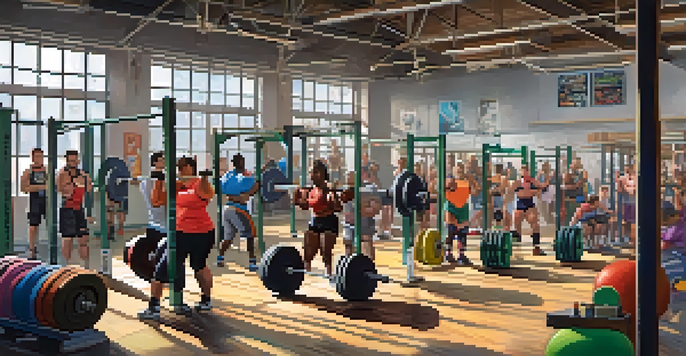 A diverse group of powerlifting athletes in a gym, engaged in different lifts, with bright lighting and colorful equipment.