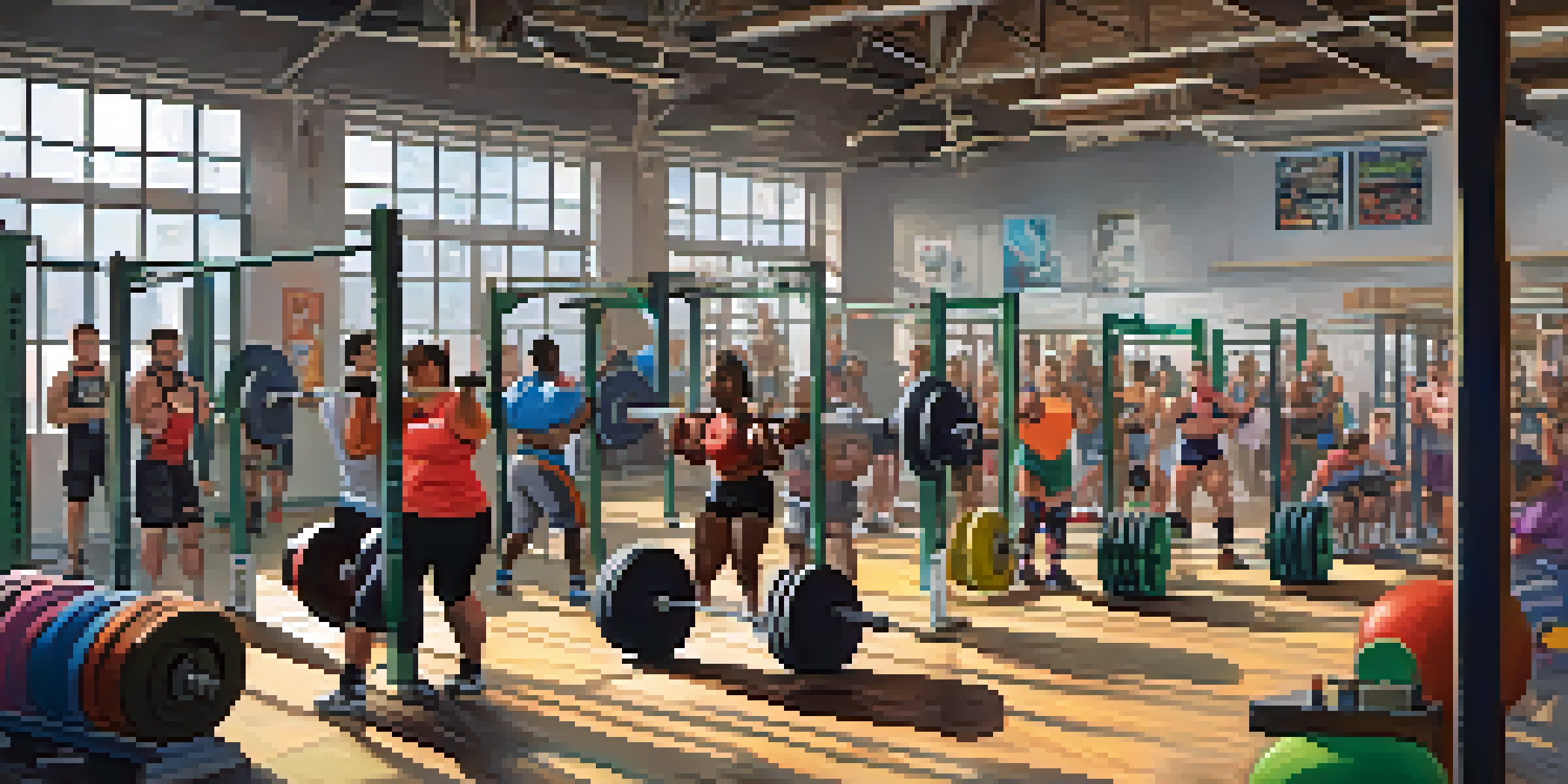 A diverse group of powerlifting athletes in a gym, engaged in different lifts, with bright lighting and colorful equipment.