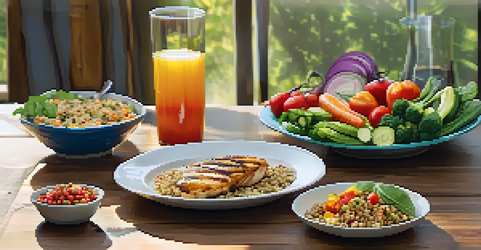 A nutritious meal consisting of grilled chicken, quinoa, and vegetables on a wooden table, with a glass of water and nutrition guide in the background.