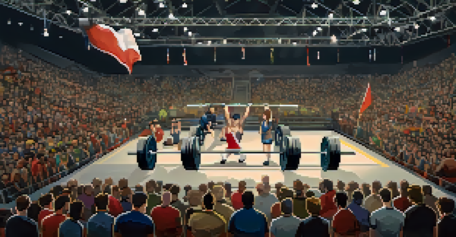 An overhead view of a powerlifting competition with lifters and cheering spectators.