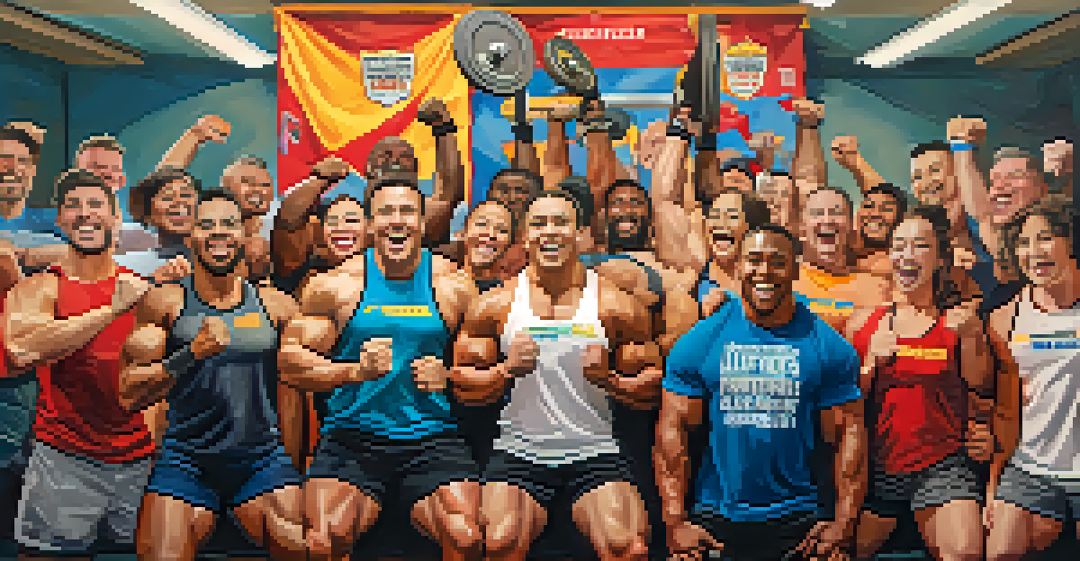 A diverse group of powerlifters celebrating a successful lift in a gym, showcasing teamwork and support.