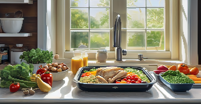 A kitchen countertop with meal prep containers filled with grilled chicken, quinoa, and vegetables, under bright natural sunlight.