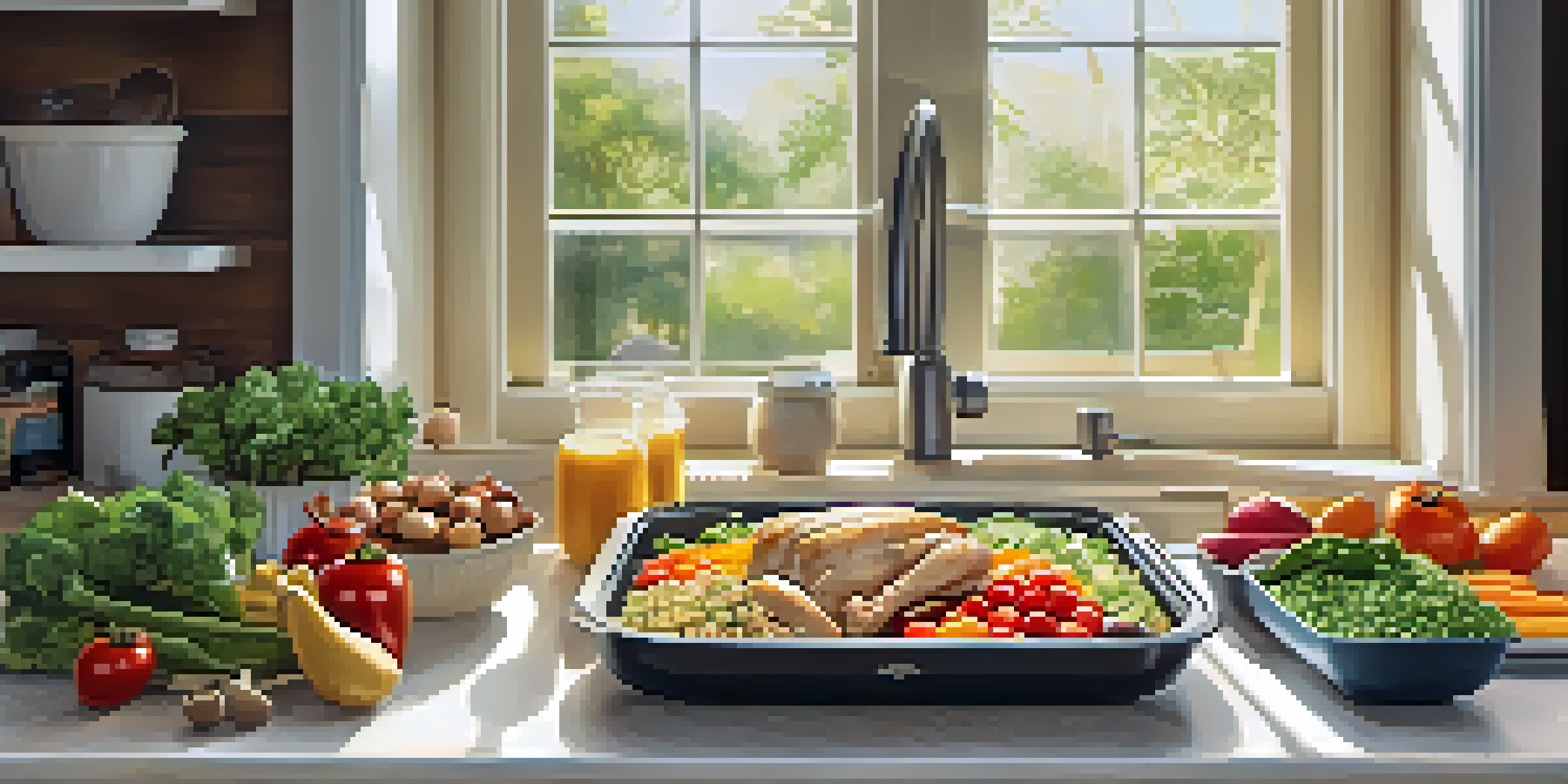 A kitchen countertop with meal prep containers filled with grilled chicken, quinoa, and vegetables, under bright natural sunlight.
