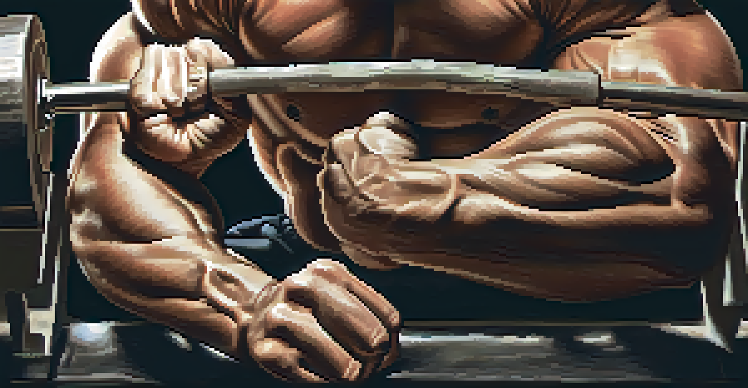 A close-up of a powerlifter's hands gripping a barbell, with chalk dust and calluses, set against a softly blurred gym background.