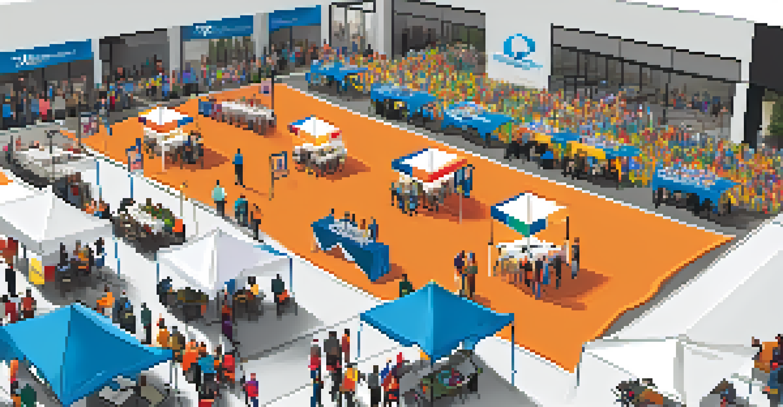 An overhead view of a charity event setup with tables, banners, and volunteers interacting with attendees.