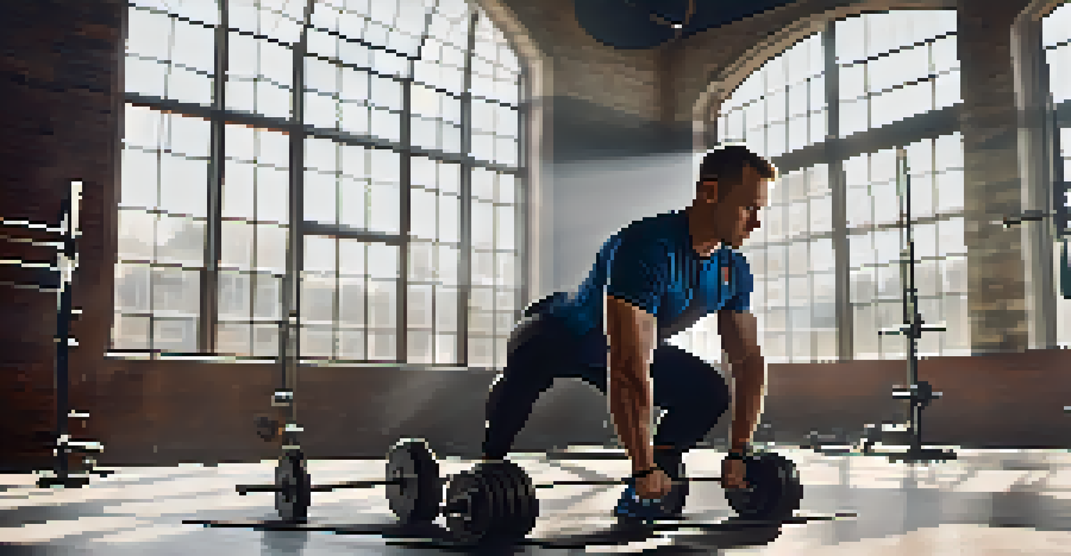 A powerlifting coach demonstrating a plank exercise, emphasizing core strength in a bright gym environment.
