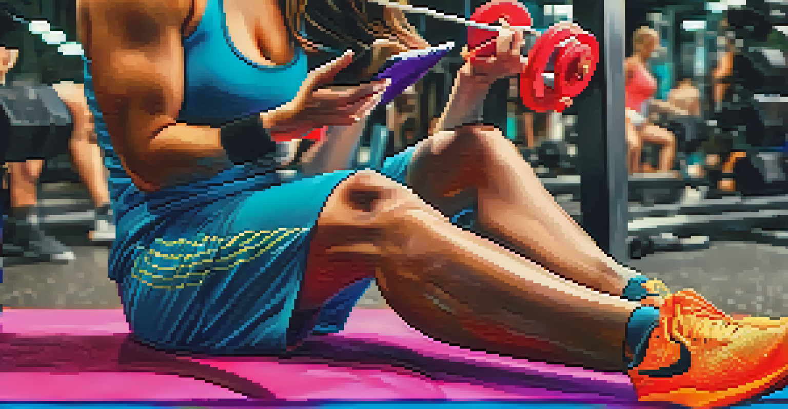A close-up of a lifter tying shoelaces, with a phone showing a workout playlist in a gym setting.