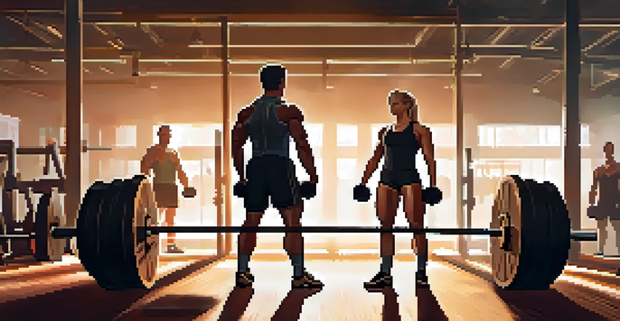 A muscular powerlifter performing a deadlift in a gym, with a determined expression and weights around them.