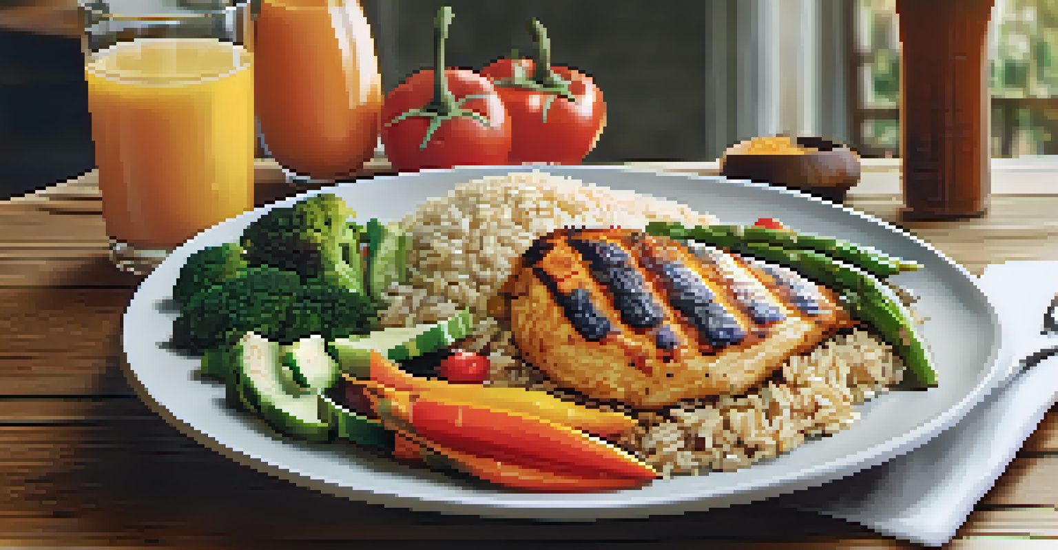 A healthy post-workout meal featuring grilled chicken, brown rice, and vegetables, with an electrolyte drink, emphasizing nutrition for recovery.